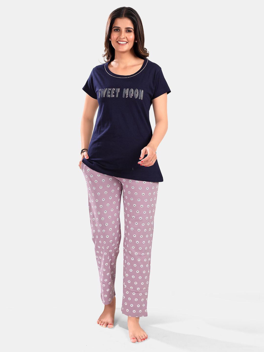 

SWEET MOON Printed Round Neck T-Shirt With Pyjama, Navy blue