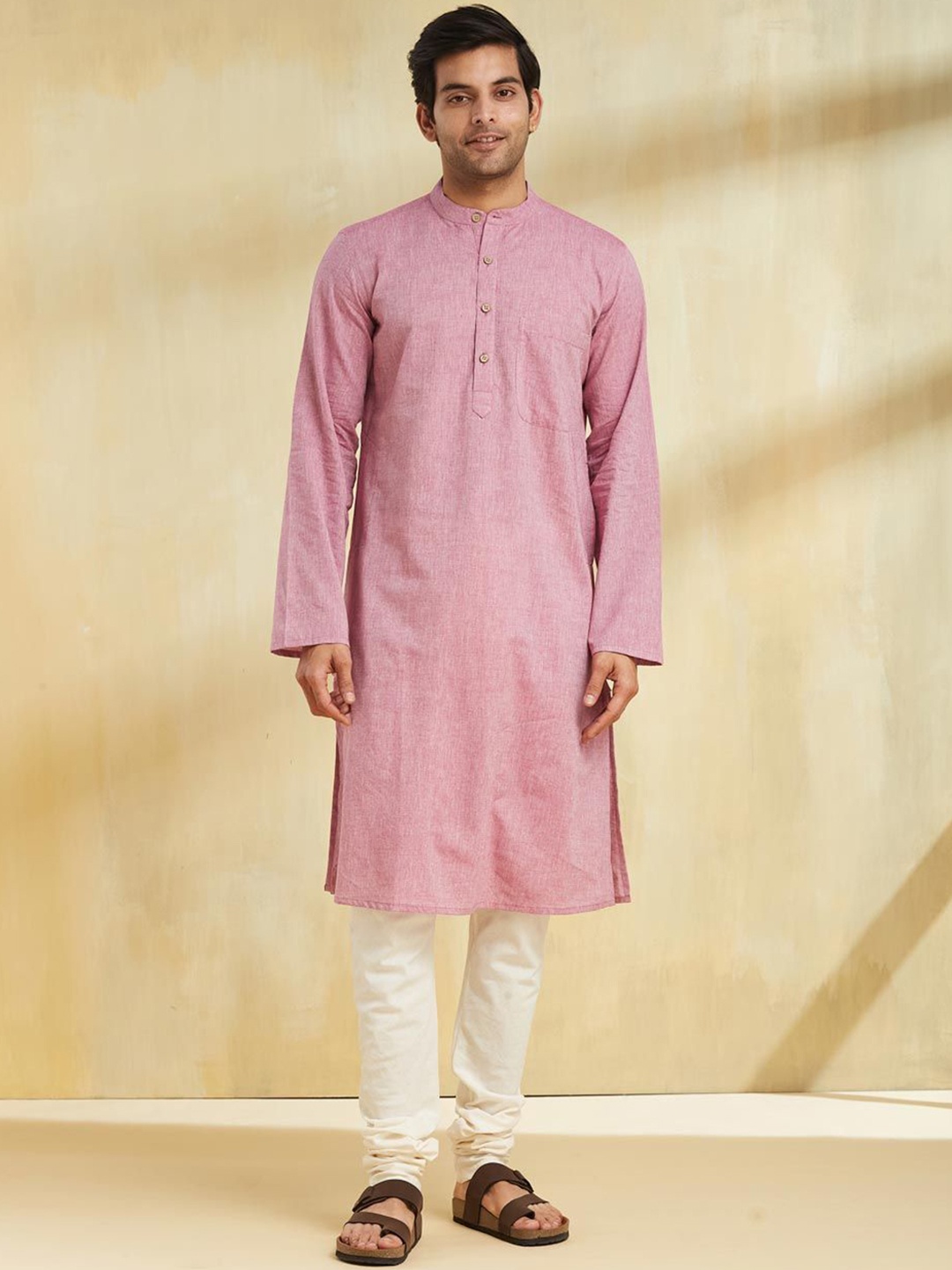 

Fabindia Woven Design Band Collar Cotton Straight Kurta, Purple
