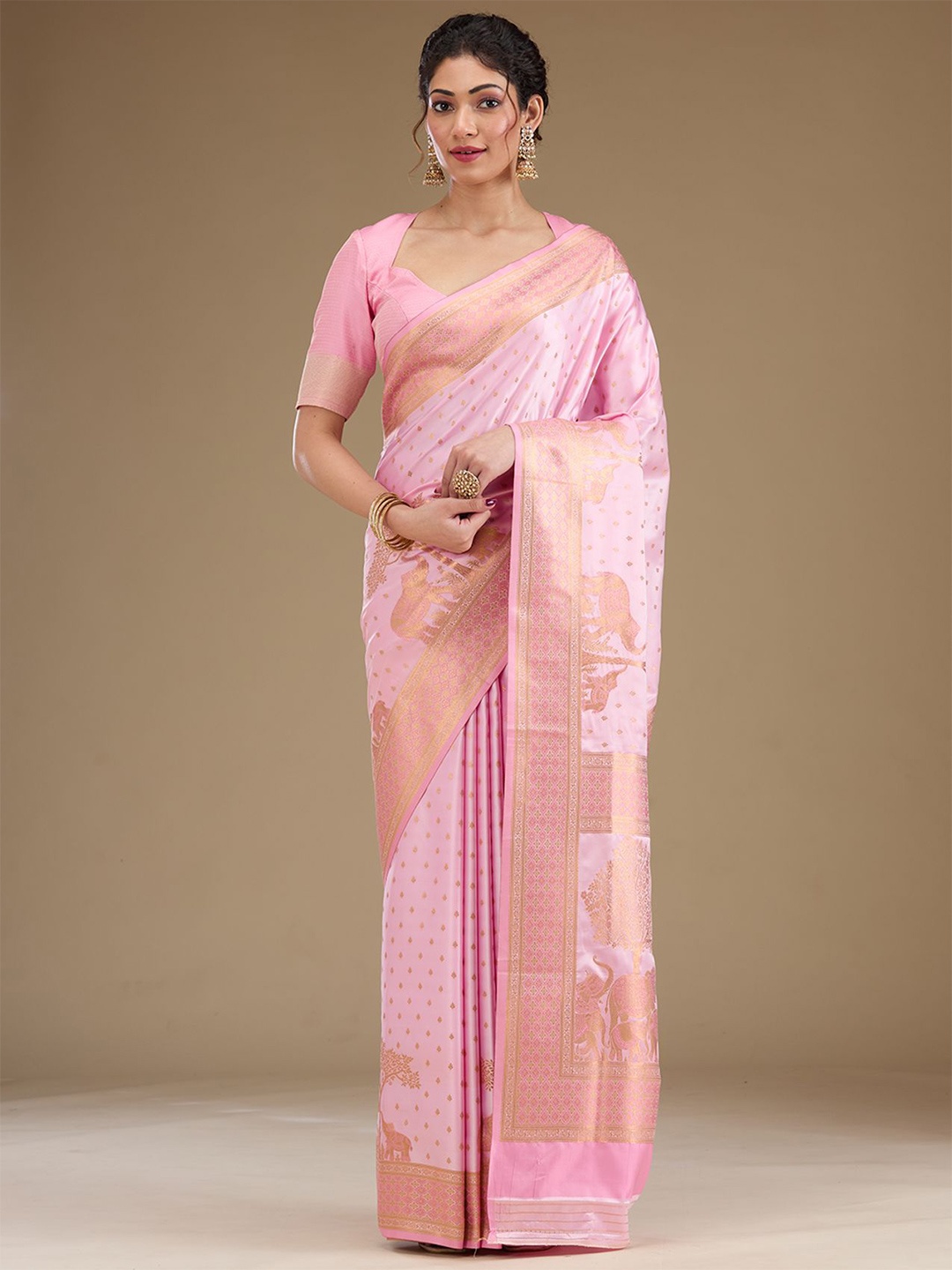 

Koskii Women Zariwork Satin Saree, Pink