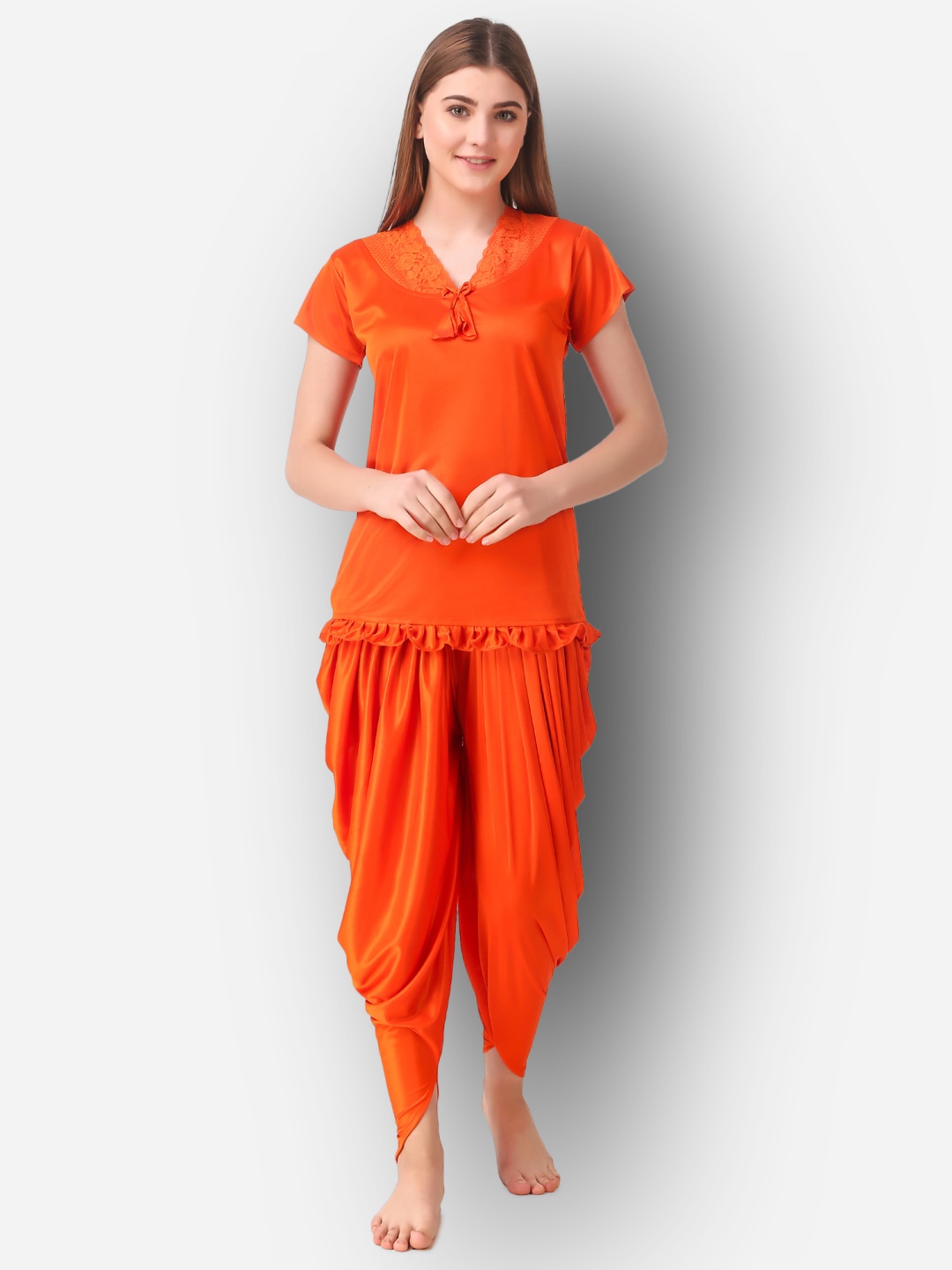 

Dreambe Women V-Neck Satin Night suit, Orange