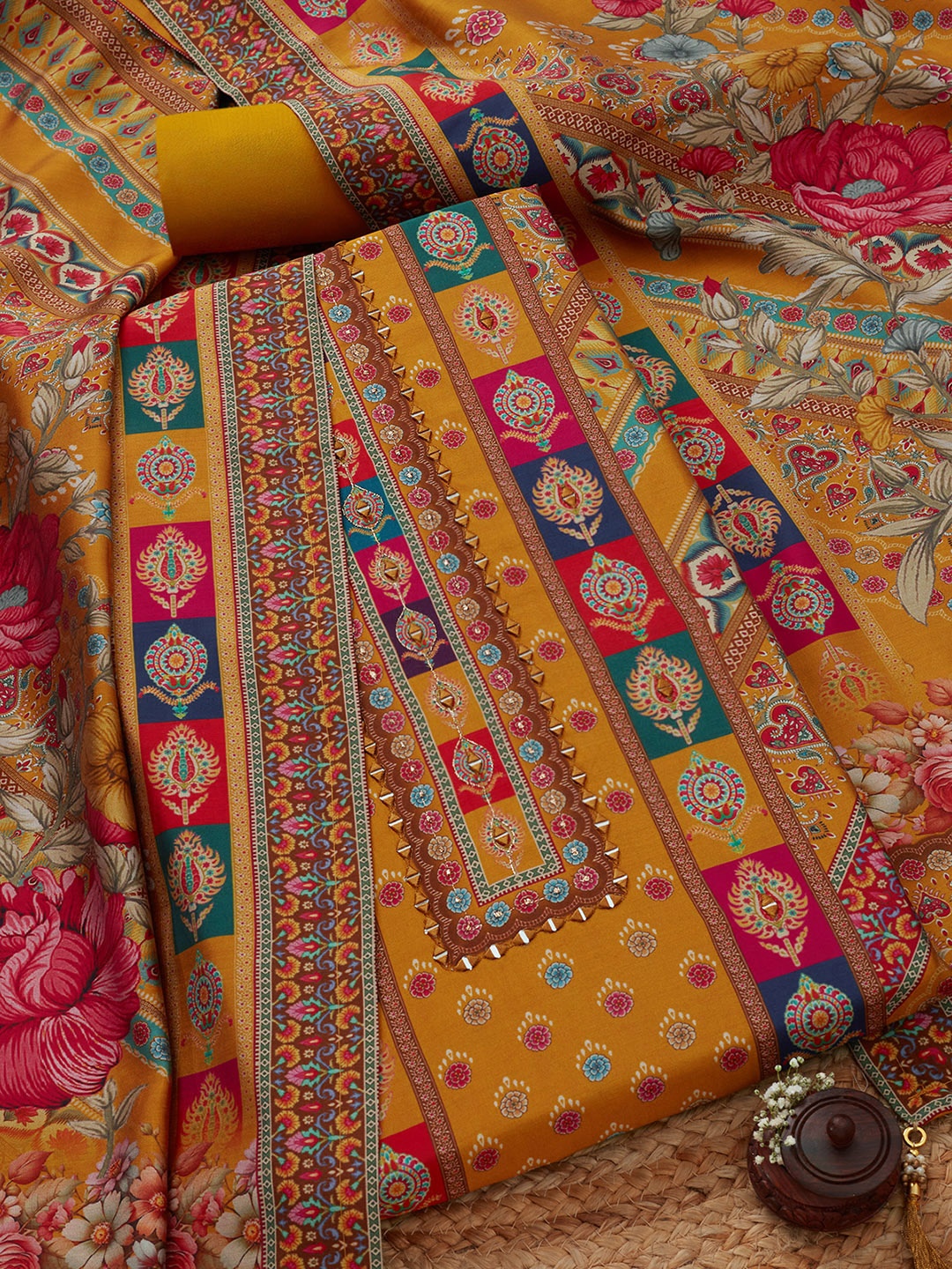 

Soch Floral Printed Mirror Work Modal Silk Unstitched Dress Material, Mustard