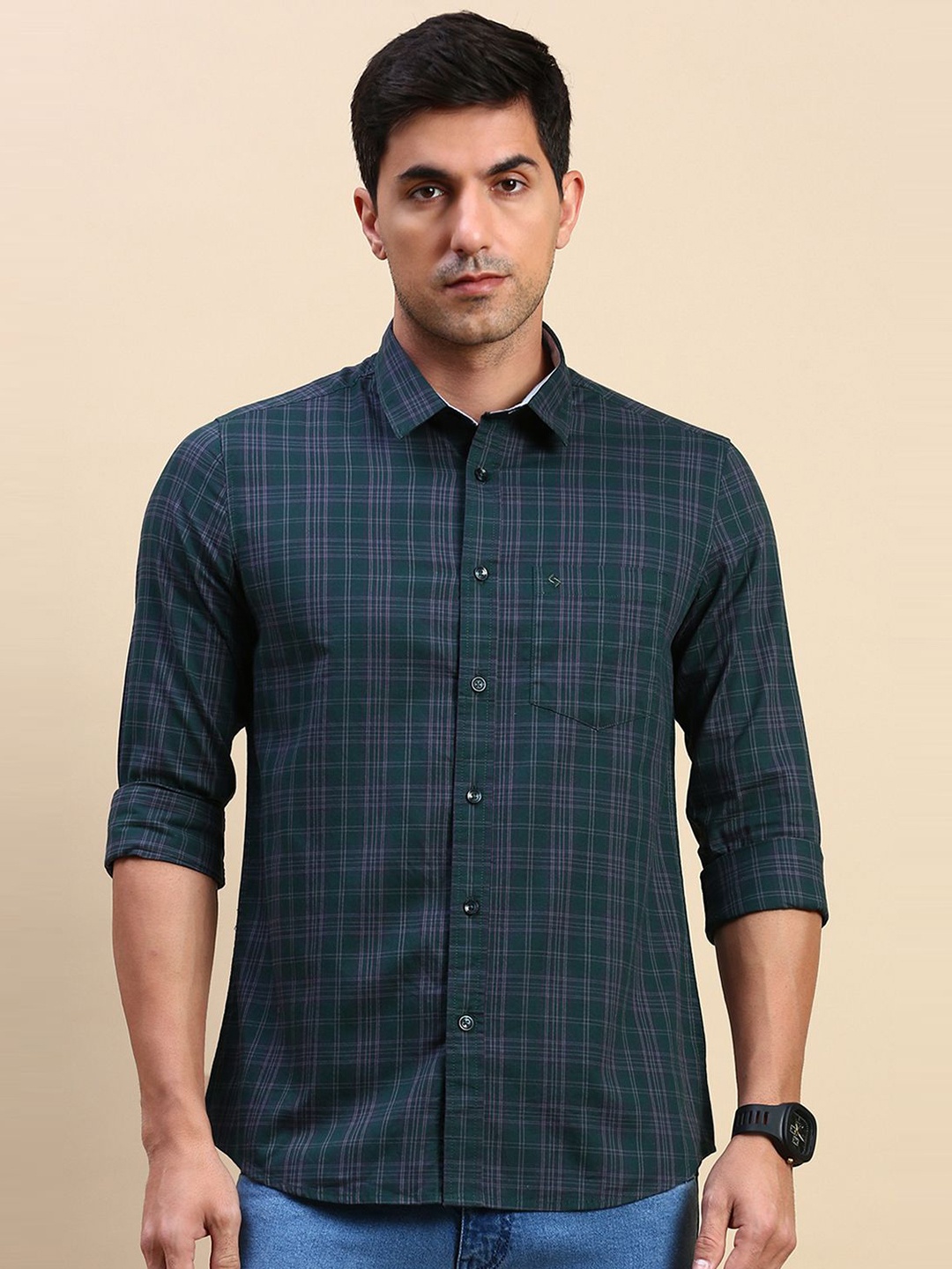 

Classic Polo Men India Slim Fit Spread Collar Tartan Checked Cotton Casual Shirt, Green