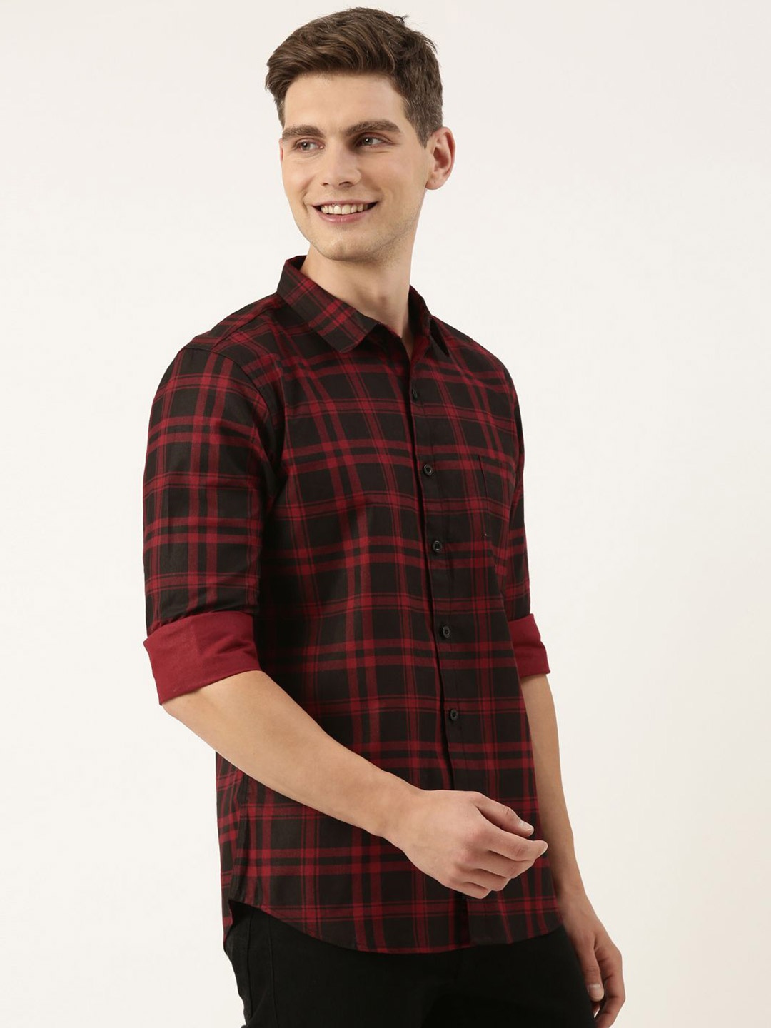 

Metronaut Men Spread Collar Tartan Checked Cotton Casual Shirt, Red