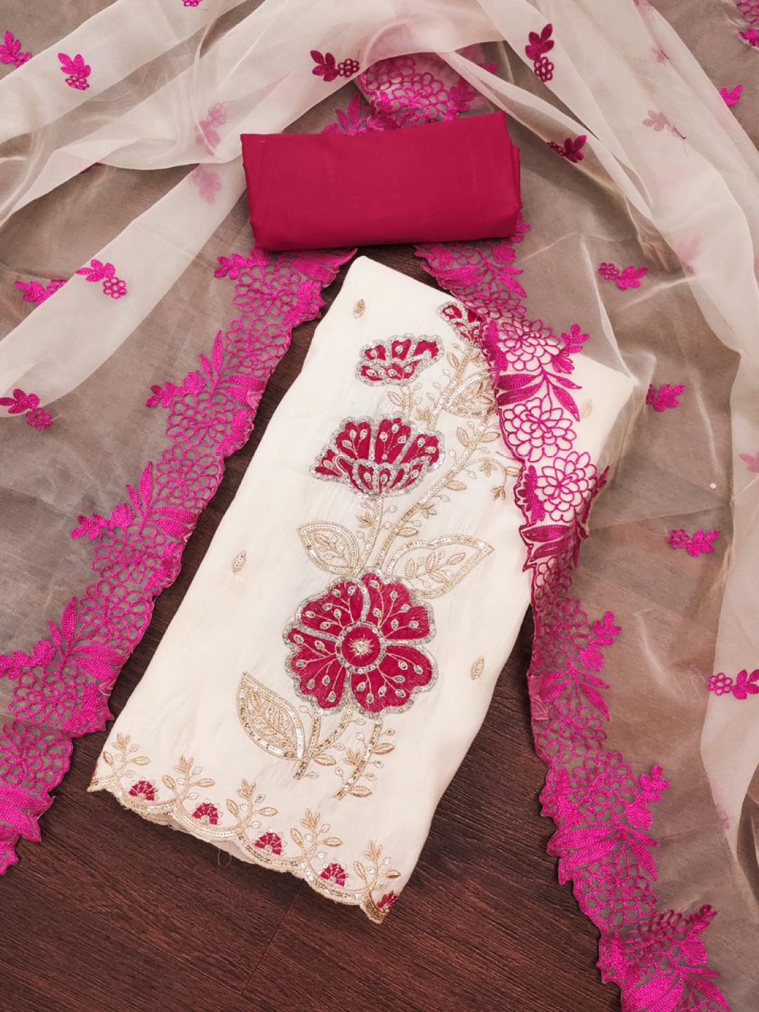 

ASISA Floral Embroidered Sequinned Unstitched Dress Material, Off white