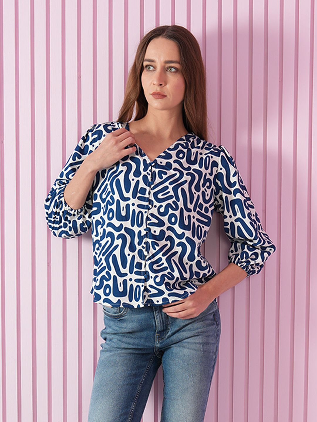

ONLY Women Printed V-Neck Top, Blue
