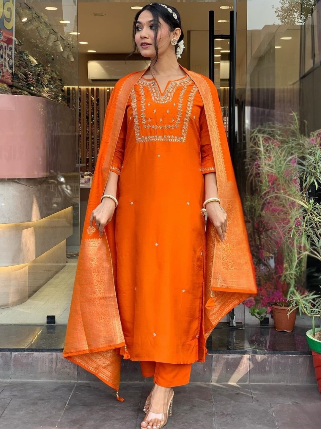 

KALINI Floral Embroidered Sequinned Chanderi Silk Straight Kurta With Trousers And Dupatta, Orange