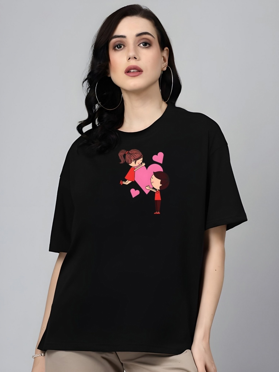 

SZN Women Graphic Printed Round Neck Cotton Oversized T-shirt, Black