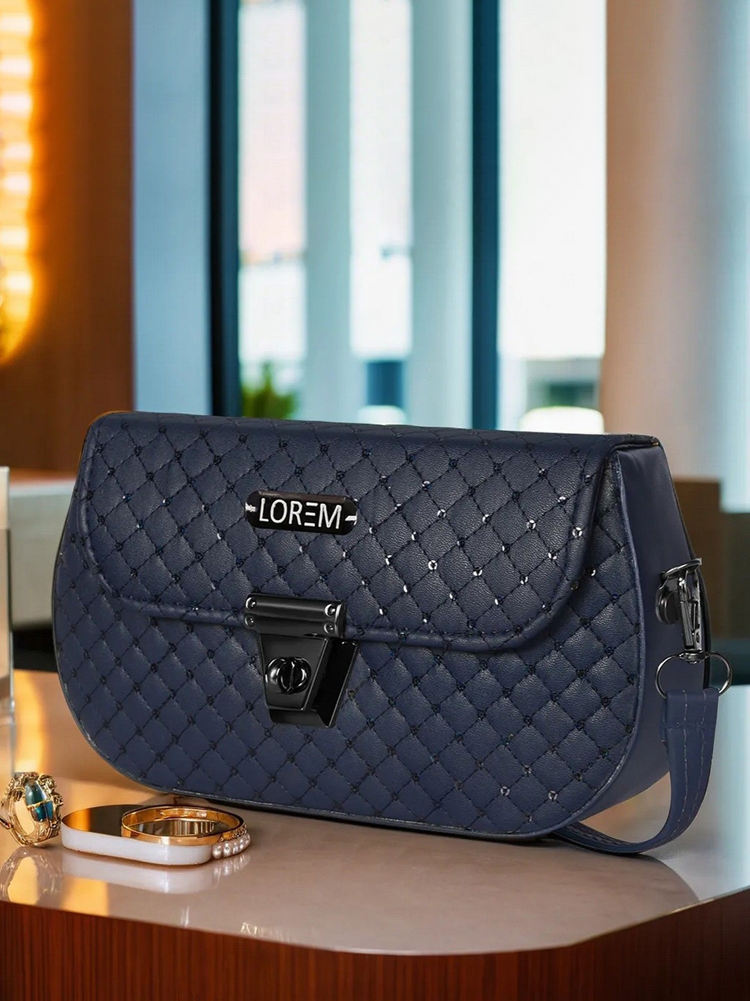 

LOREM Textured Structured Sling Bag with Quilted, Blue