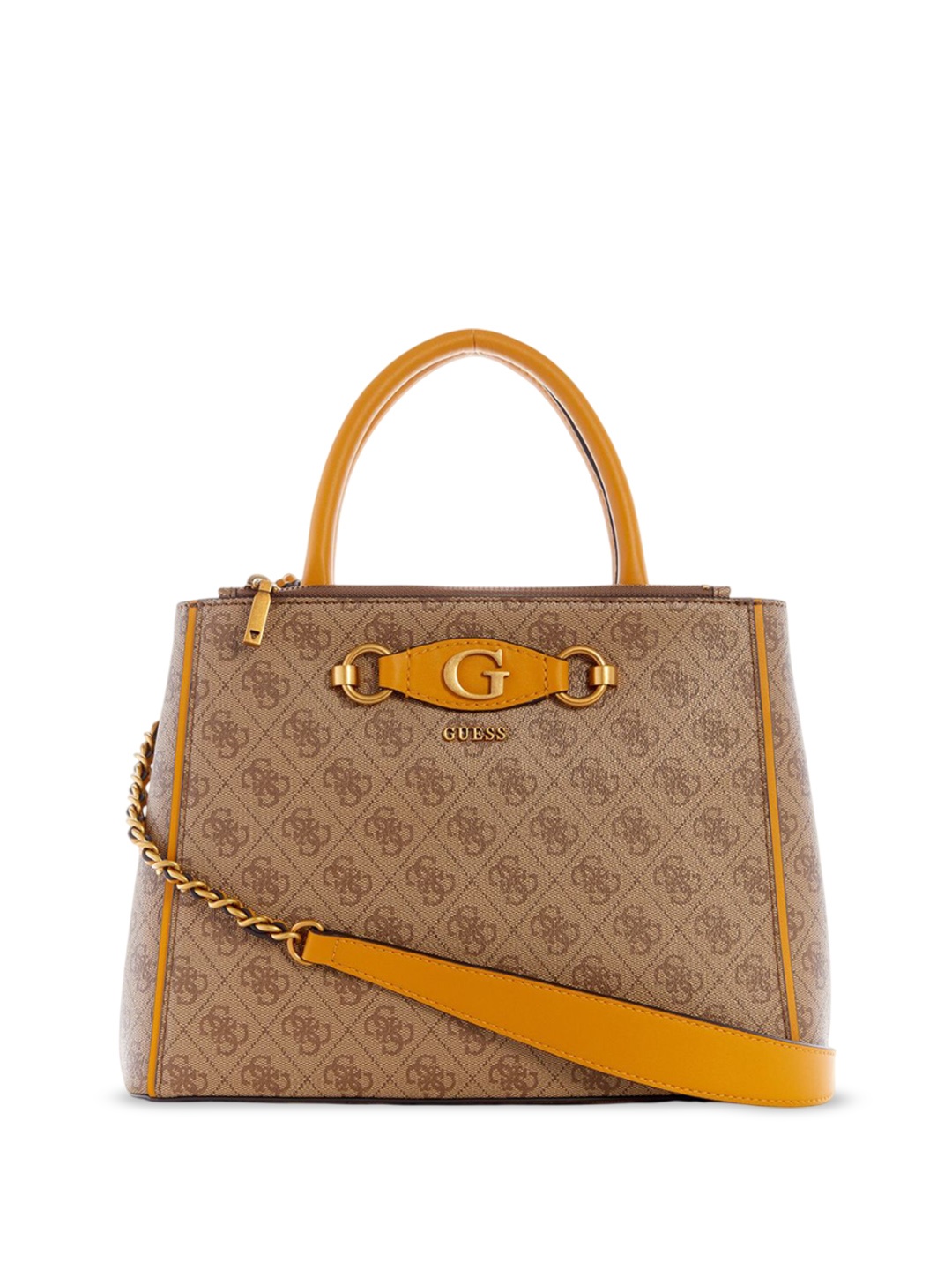 

GUESS Women Brand Logo Printed Structured Handheld Bag, Beige