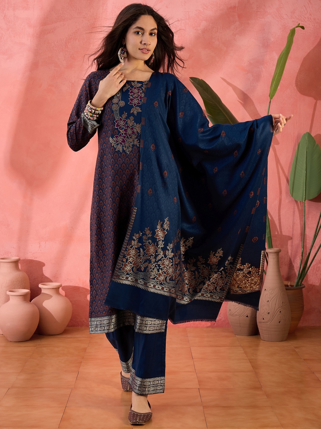 

Sangria Blue Floral Woven Design Pashmina Jacquard Straight Kurta With Trousers & Dupatta