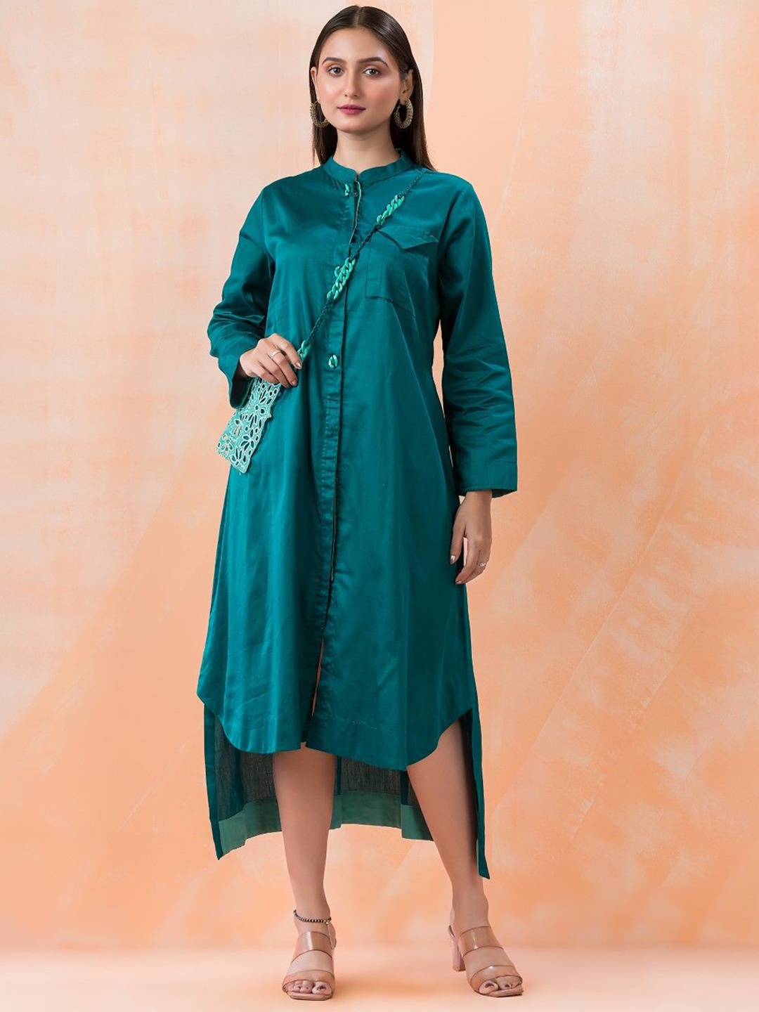 

AUTUMN LANE Niharika Women Cotton Shirt Midi Dress with High-Low Hemline, Teal