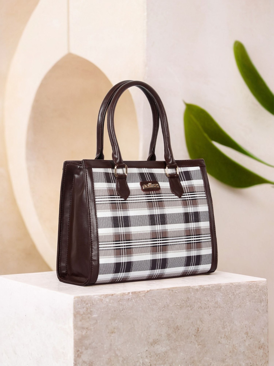 

THE CLOWNFISH Alvis Checked Leather Oversized Structured Shoulder Bag with Tasselled, Brown