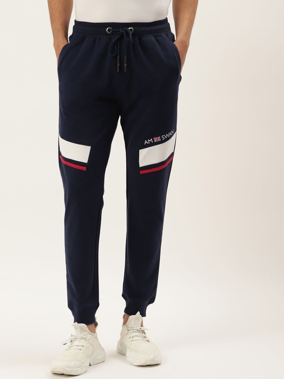 

AMSWAN Men Colourblocked Cotton Mid-Rise Joggers, Navy blue
