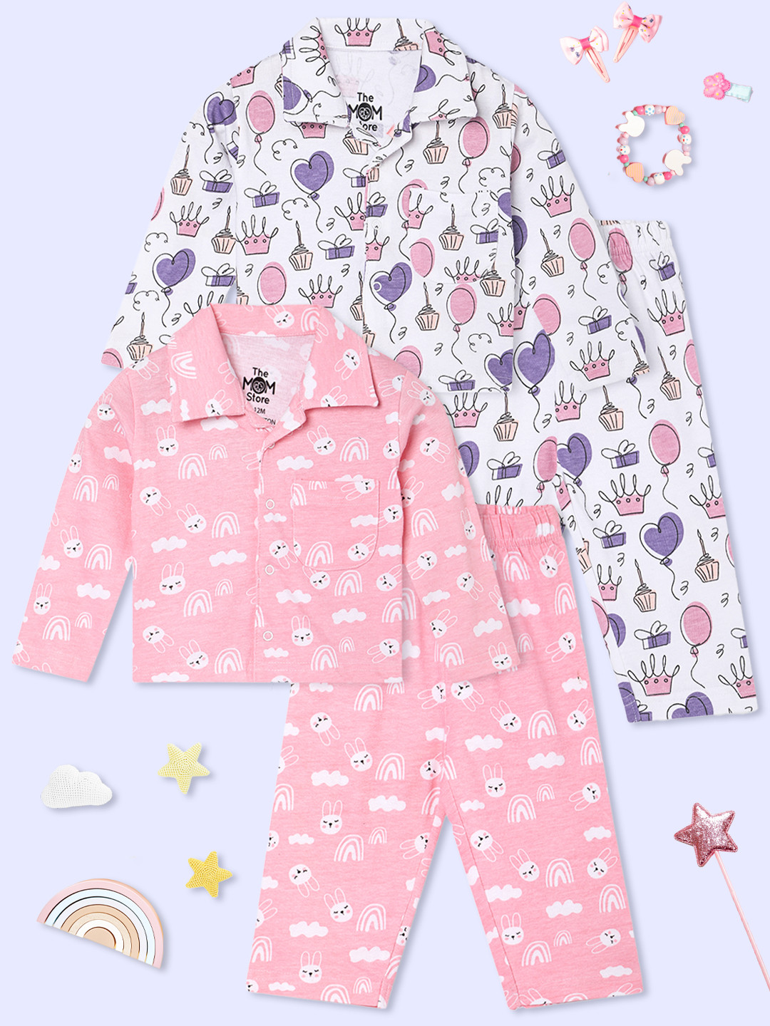 

The Mom Store Kids Pack Of 2 Printed Pure Cotton Night suit, Pink