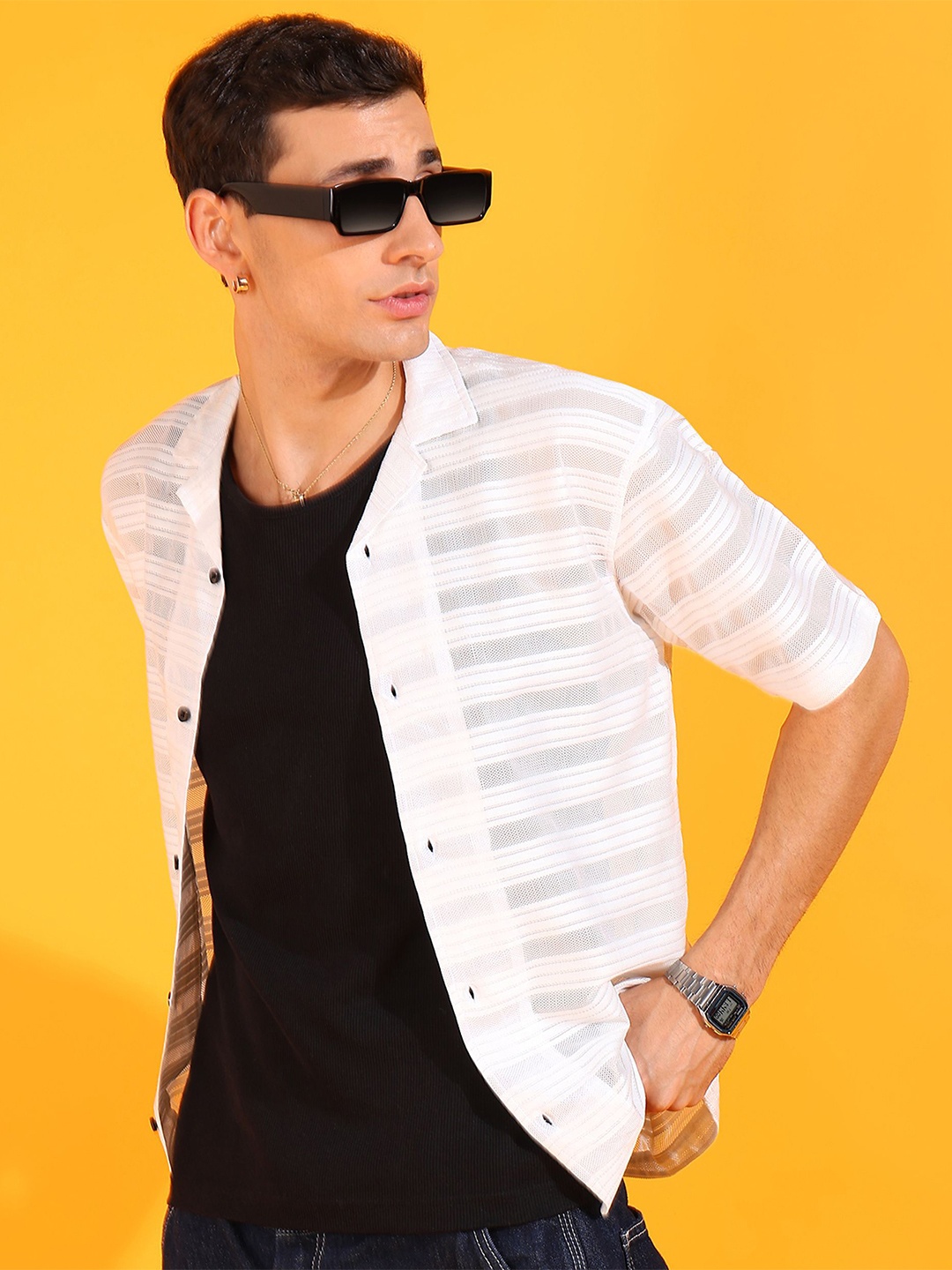 

INDICLUB Men Relaxed Fit Cuban Collar Textured Casual Shirt, White
