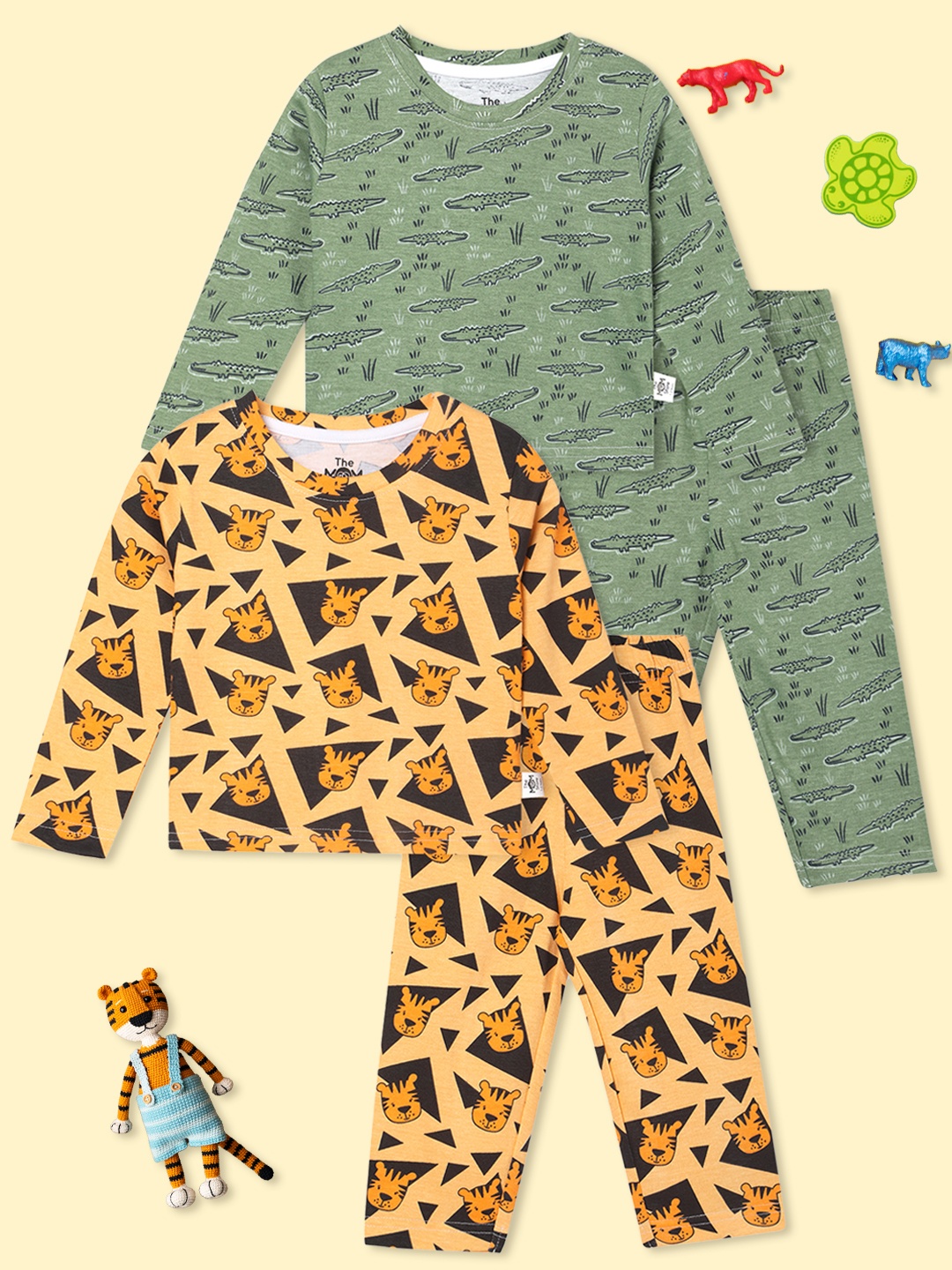 

The Mom Store Kids Pack Of 2 Printed Pure Cotton Night suit, Yellow