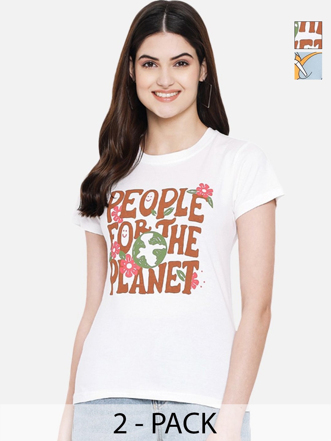 

Dreambe Women Pack Of 2 Tom & Jerry Graphic Printed Round Neck Cotton T-shirts, White