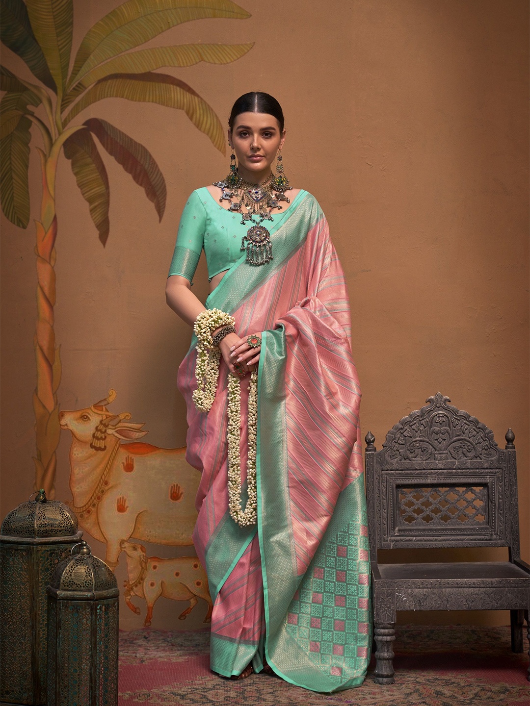 

MAHALASA Ethnic Motifs Zari Pure Silk Handloom Kanjeevaram Saree, Pink