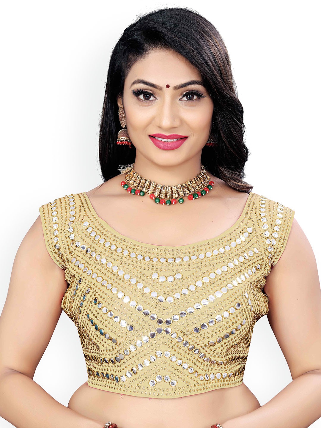 

HERE&NOW Mirror Work Embellished Round Neck Saree Blouse, Beige