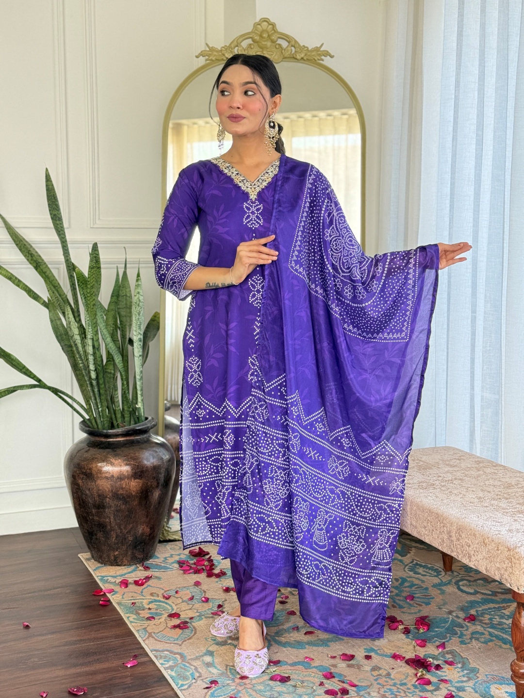 

KALINI Bandhani Printed V-Neck Straight Silk Crepe Kurta With Trousers And Dupatta, Purple