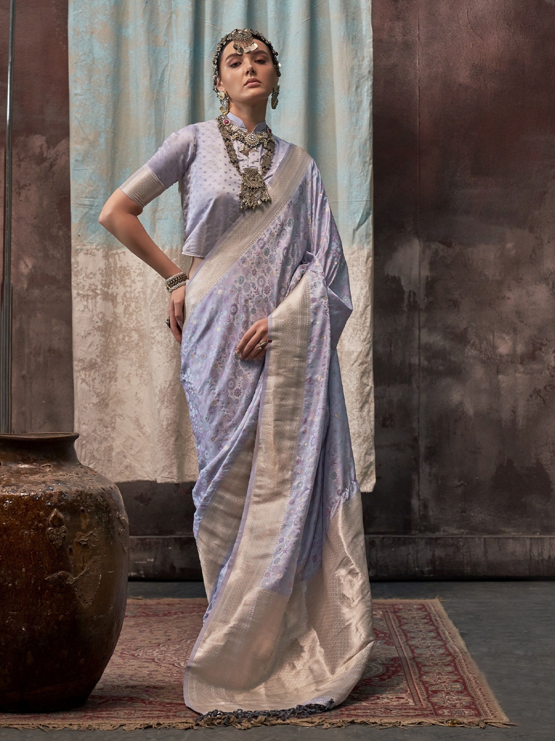 

MAHALASA Ethnic Motifs Printed Zari Pure Silk Kanjeevaram Saree, Purple