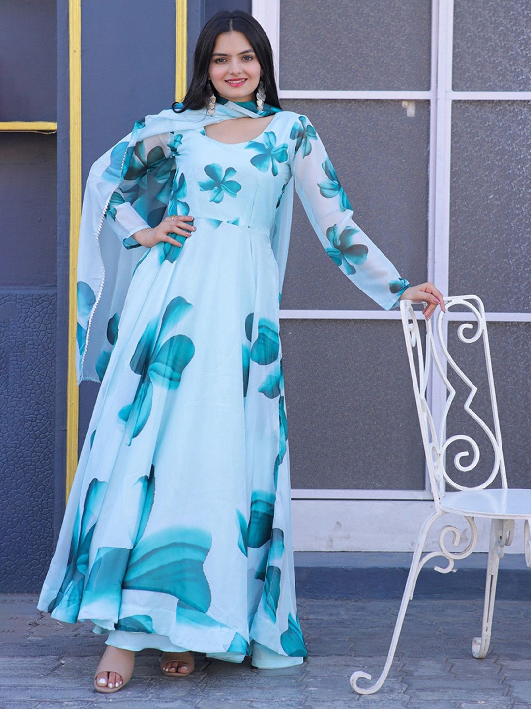 

Raiyani Enterprise Floral Print Crepe Fit & Flare Maxi Dress, Blue