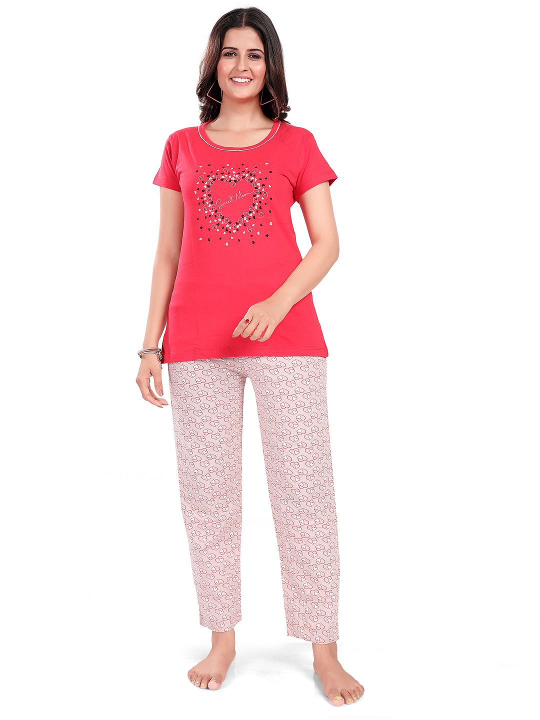 

SWEET MOON Printed Round Neck Night suit, Pink