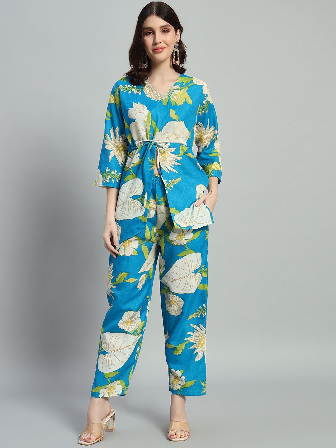 

ROSEMELON Floral Printed V-Neck Top With Trouser, Turquoise blue
