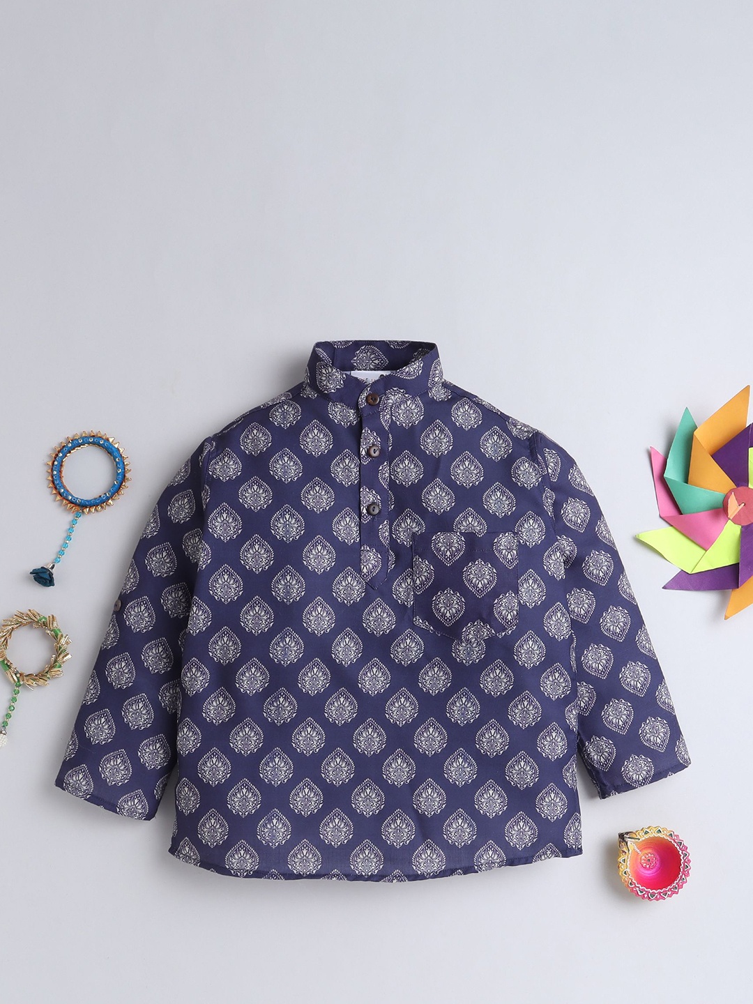 

BAATCHEET Boys Ethnic Motifs Printed Band Collar Pure Cotton Short Kurta, Navy blue