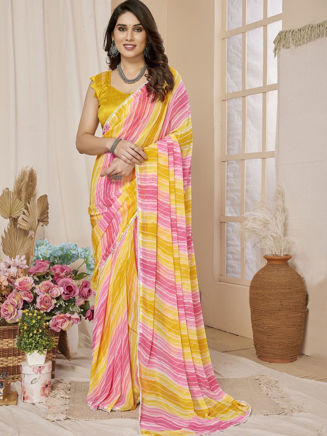 

DIVASTRI Striped Embroidered Pure Georgette Ready to Wear Mysore Silk Saree, Yellow