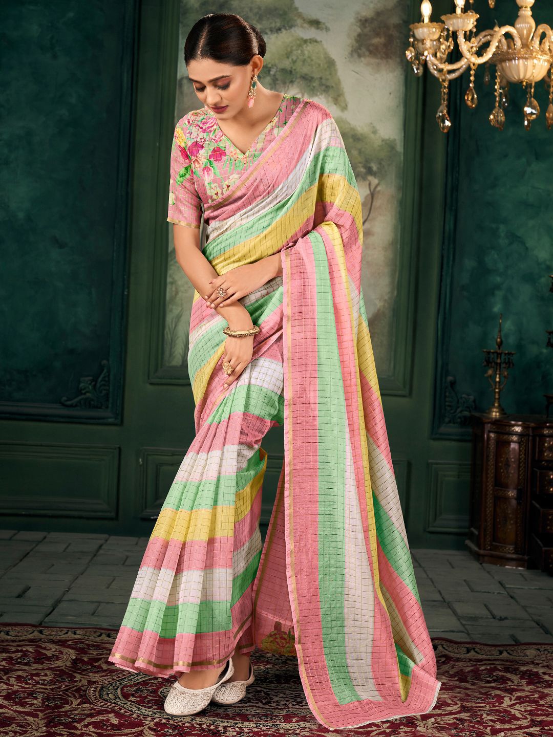 

LeeliPeeri Designer Checked Zari Linen Blend Chanderi Saree, Pink