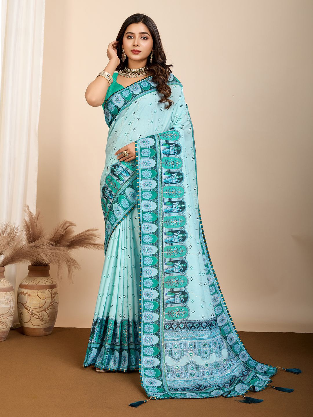 

HEER FASHION Sequinned Designer Saree With Blouse Piece, Blue
