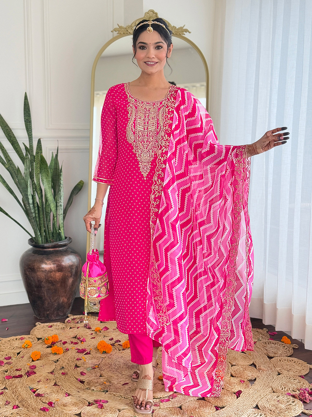 

KALINI Floral Embroidered Zari Straight Kurta With Trouser And Dupatta, Pink