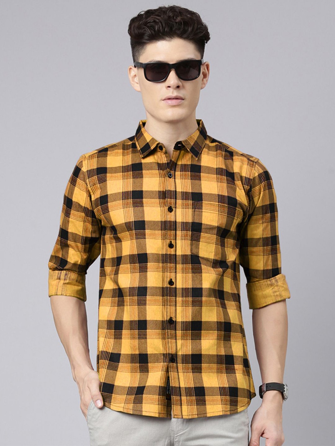 

Metronaut Men Tartan Checks Opaque Checked Casual Shirt, Mustard