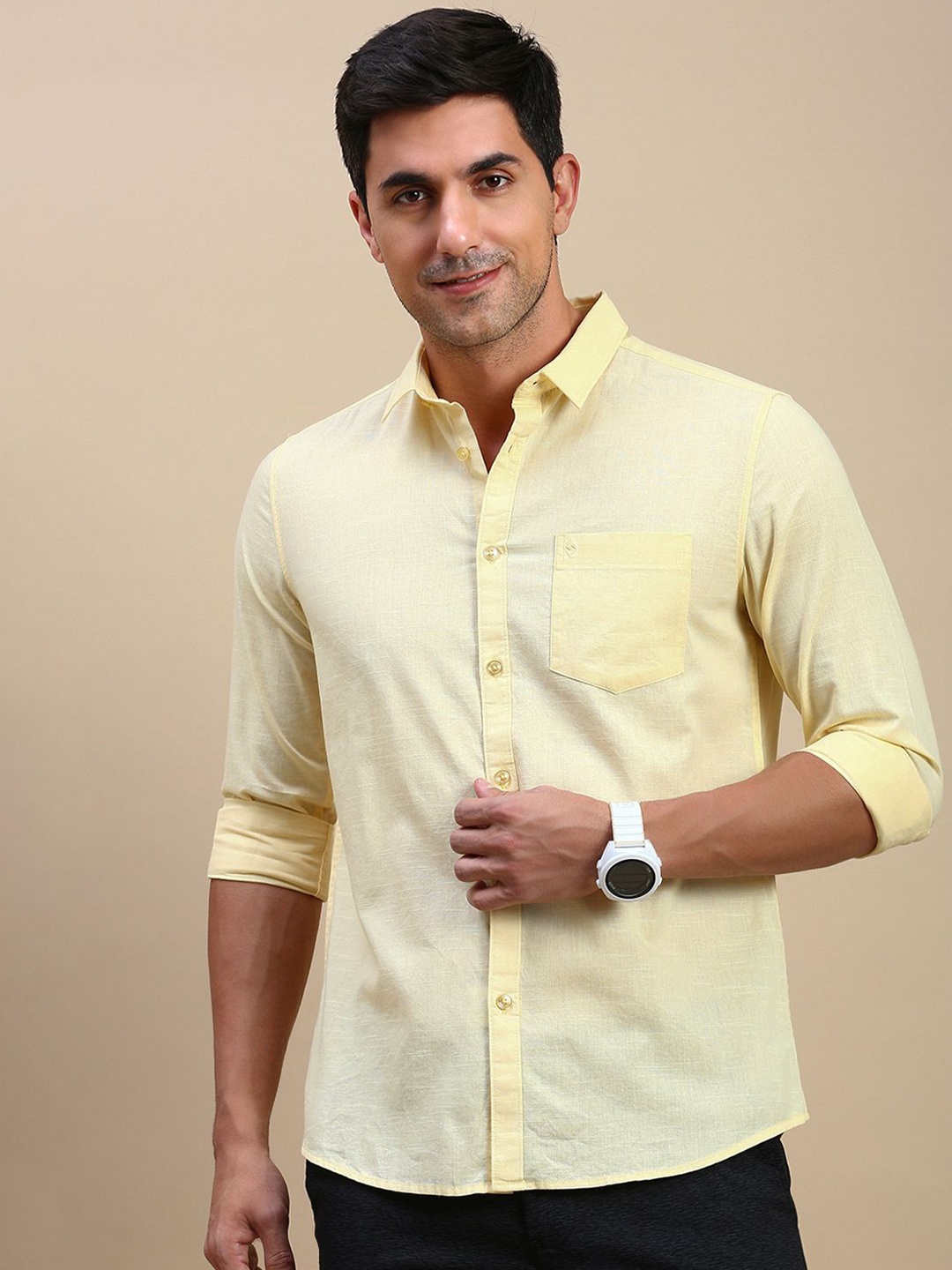 

Classic Polo Men India Slim Fit Spread Collar Solid Cotton Casual Shirt, Yellow