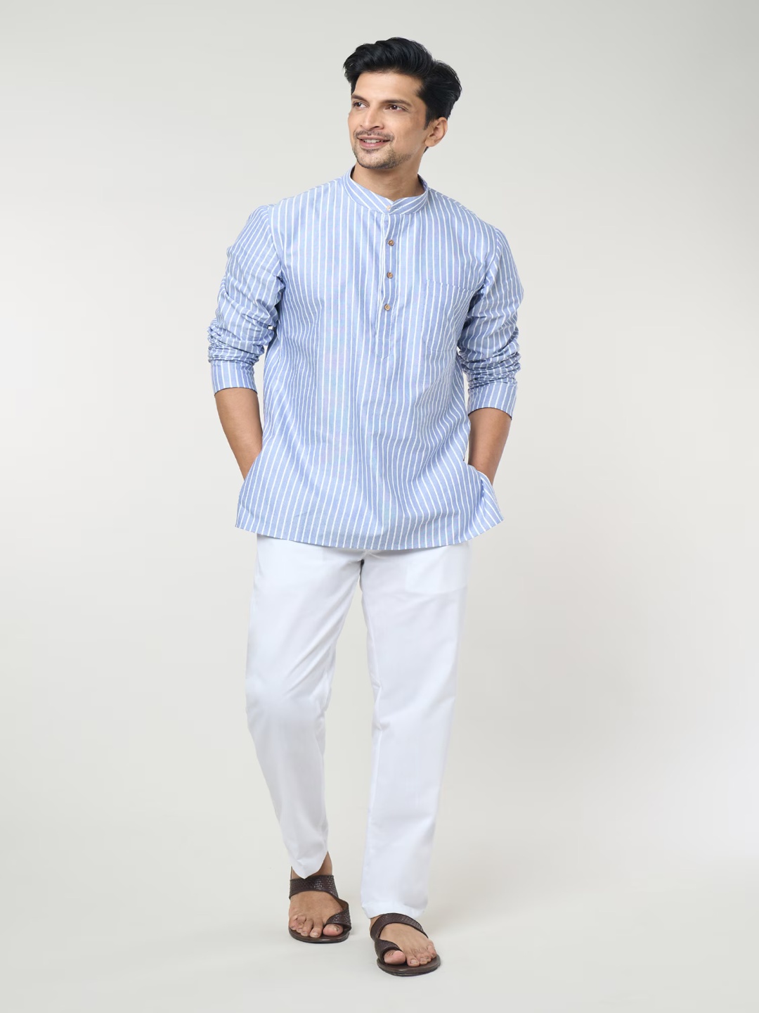 

RNG Safawala Men Striped Band Collar Pure Cotton Straight Kurta With Trousers, Blue