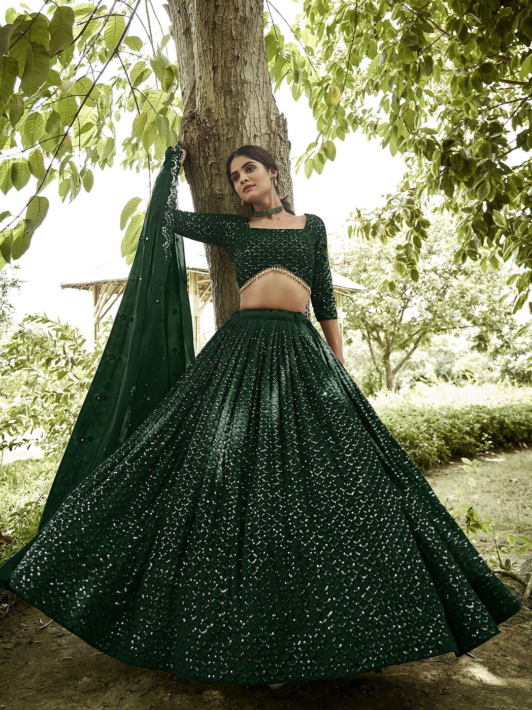 

Warthy Ent Embroidered Sequinned Semi-Stitched Lehenga & Unstitched Blouse With Dupatta, Green