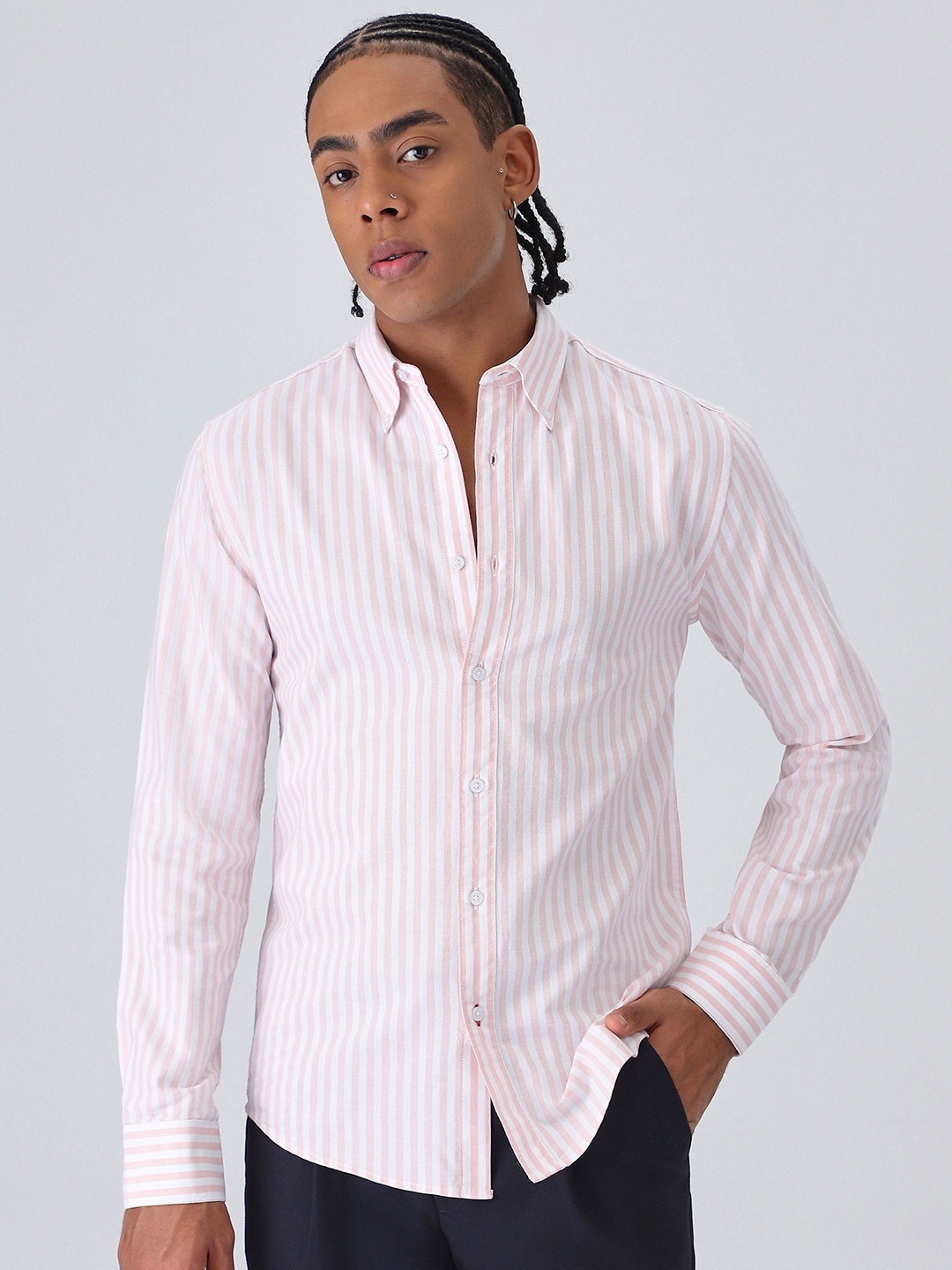 

Banana Club Men Classic Slim Fit Opaque Striped Formal Shirt, Pink