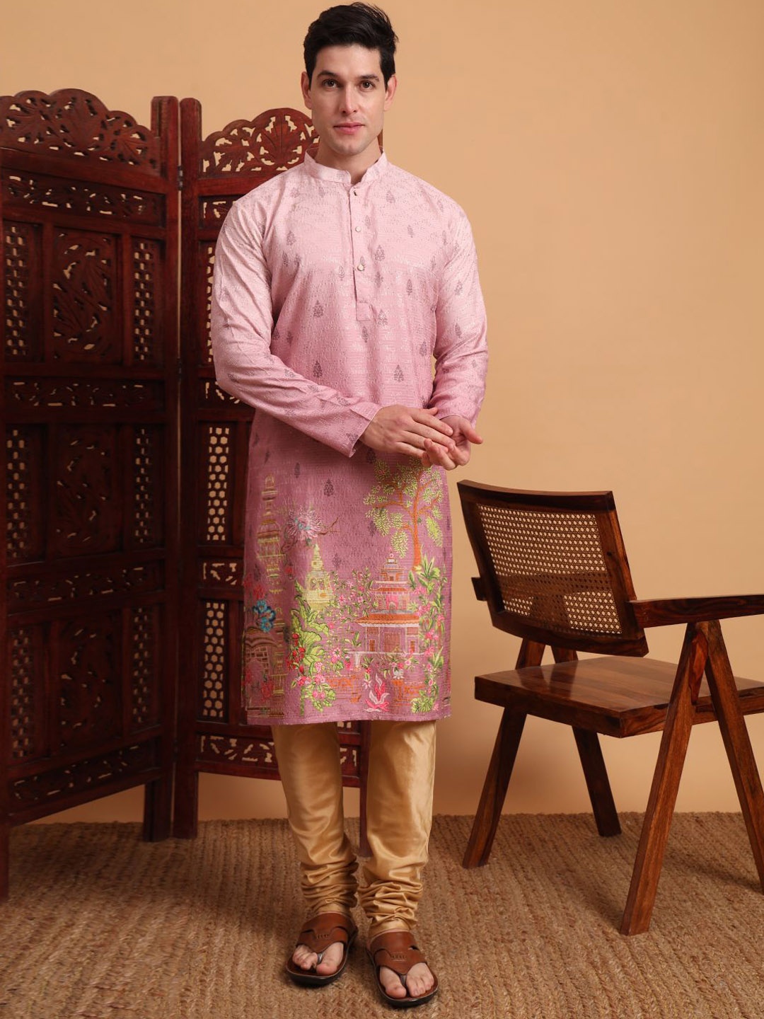 

HERE&NOW Men Printed Chikankari Kurta, Mauve