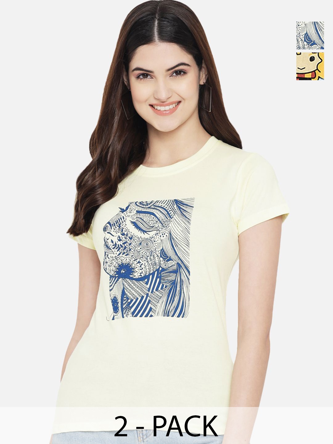 

Dreambe Women Pack Of 2 Graphic Printed Round Neck Cotton T-shirts, Cream