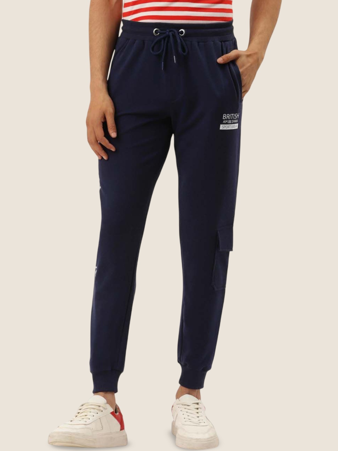 

AMSWAN Men Printed Cotton Mid-Rise Joggers, Navy blue