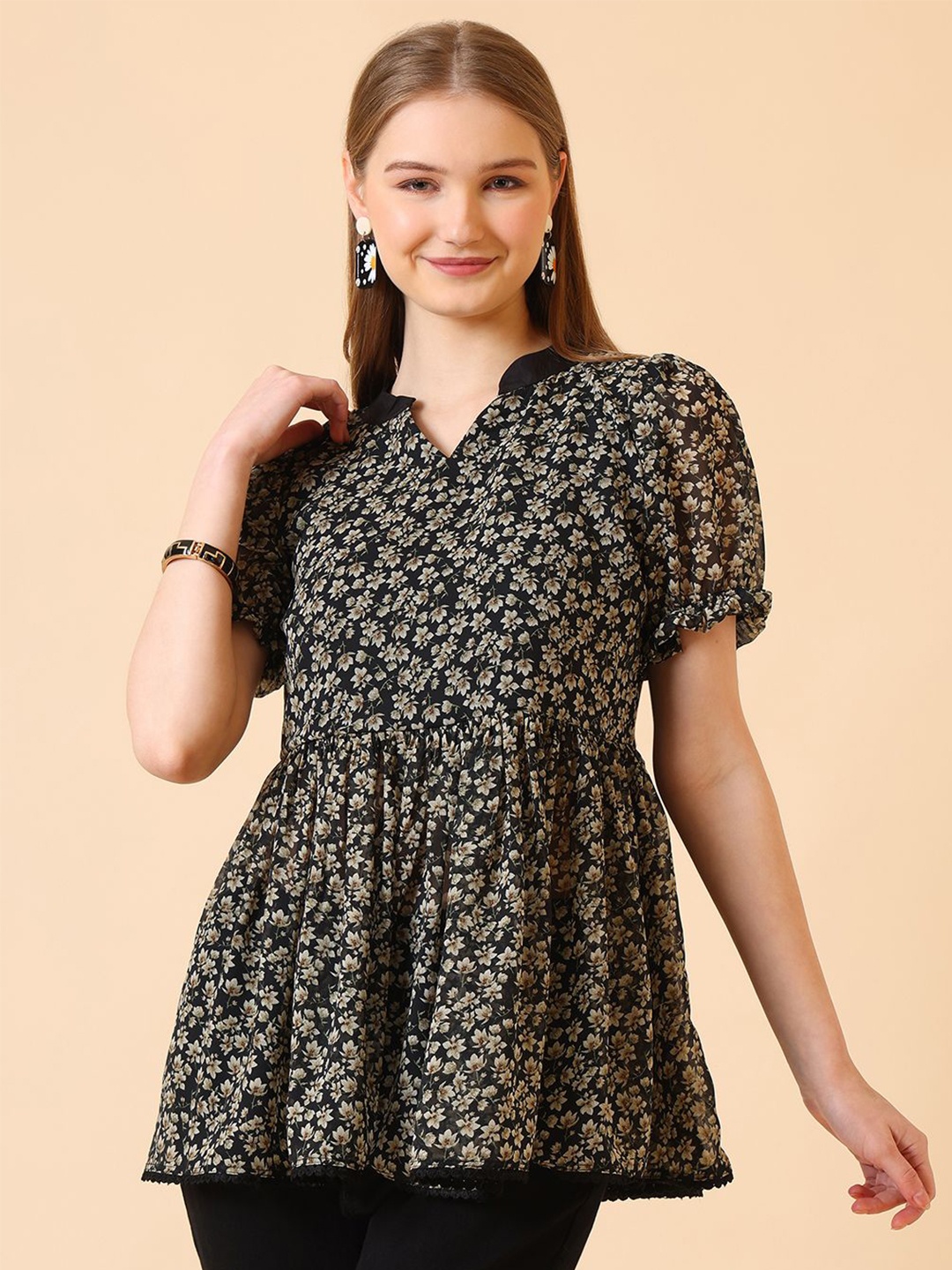 

CORSICA Women Mandarin Collar Floral Printed Peplum Top, Black