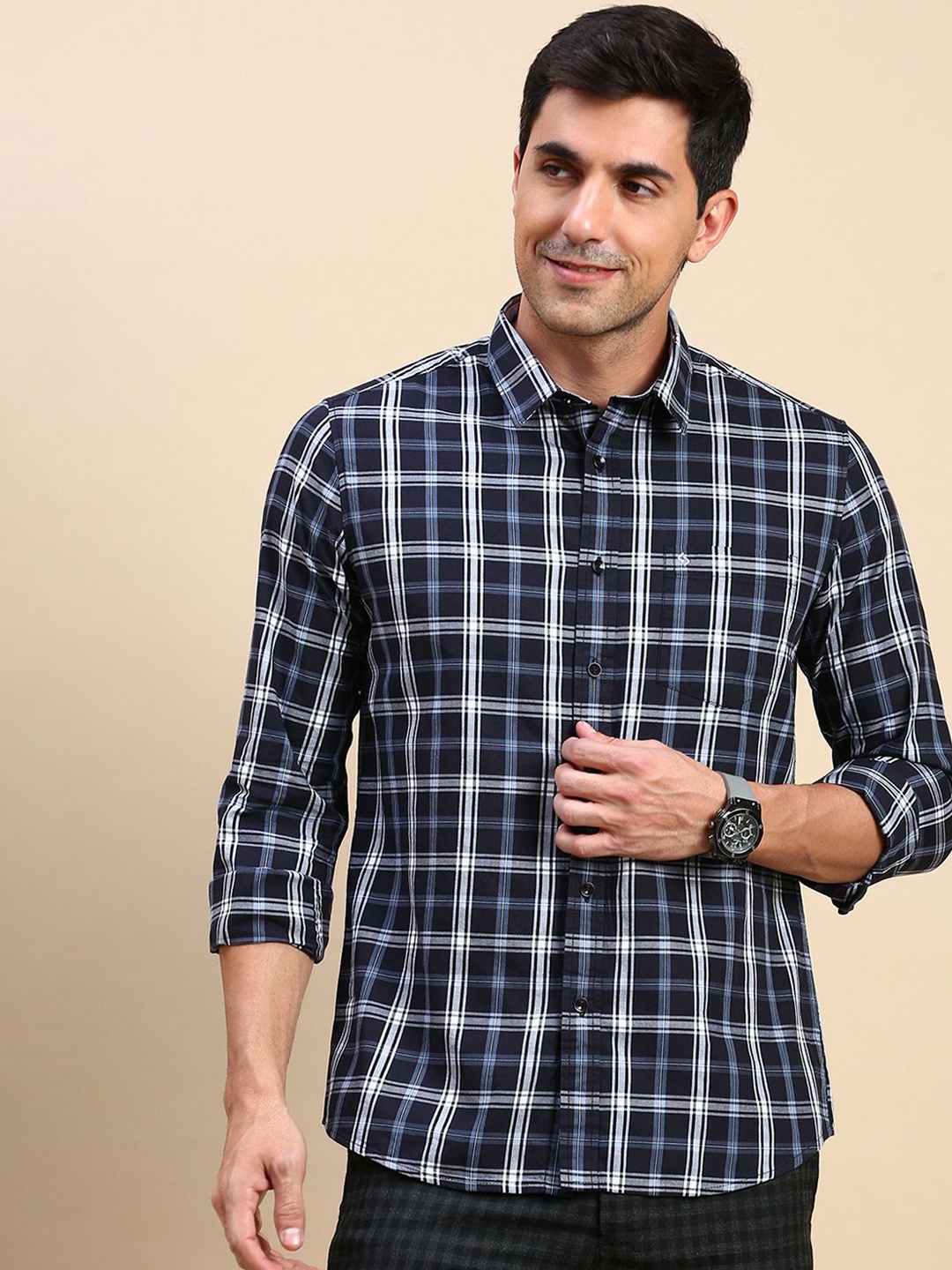 

Classic Polo Men India Slim Fit Spread Collar Tartan Checked Cotton Casual Shirt, Navy blue