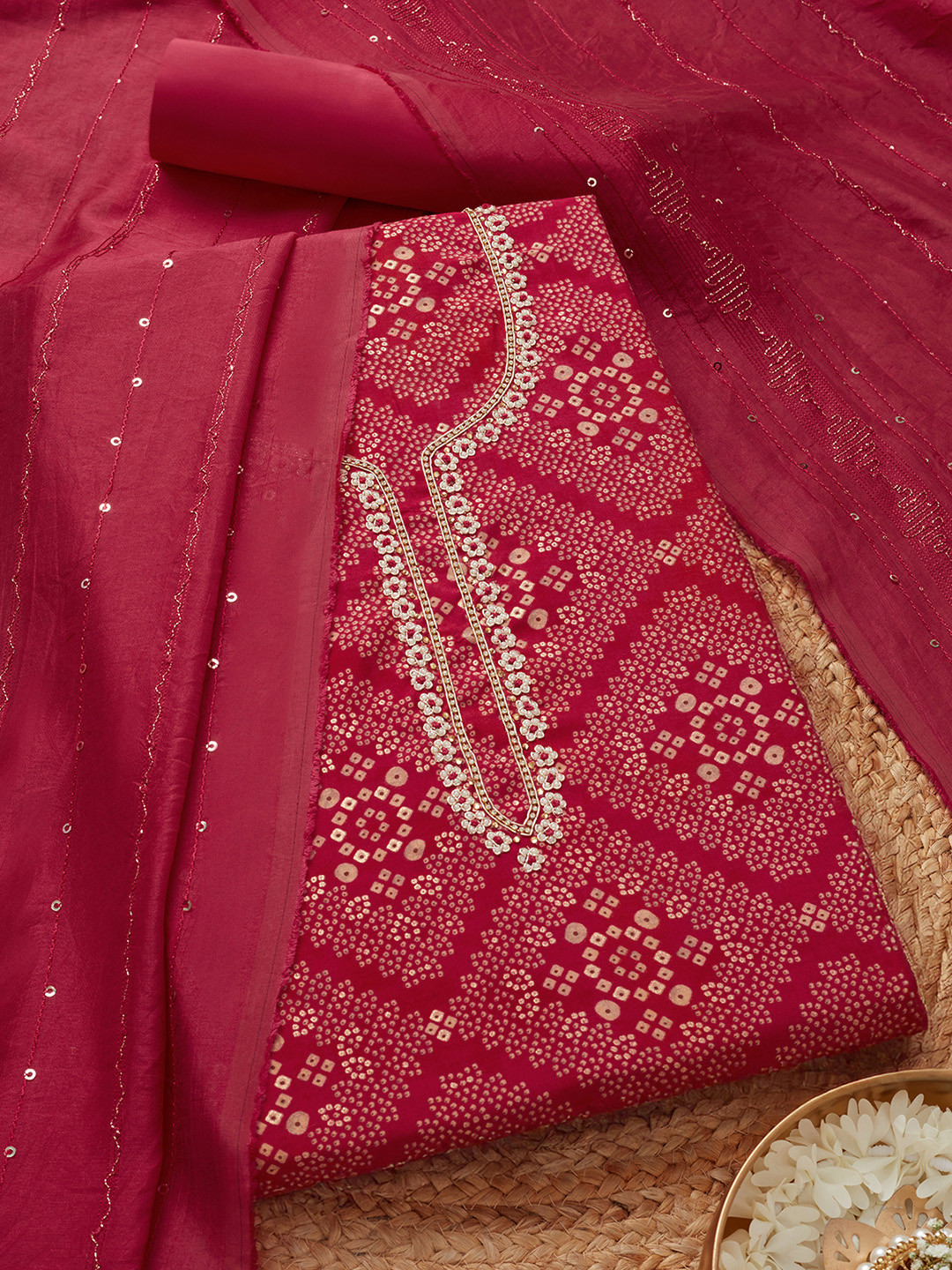 

Soch Bandhani Printed Beads And Stones Work Unstitched Dress Material, Fuchsia