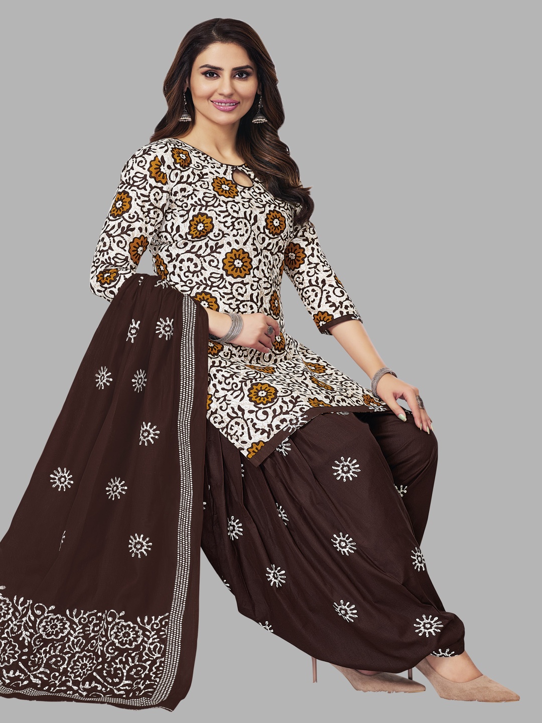 

Simmu Floral Printed Pure Cotton Unstitched Dress Material, White