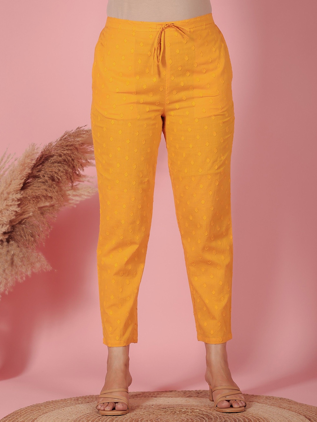 

Aramya Women Mid-Rise Cigarette Trousers, Yellow