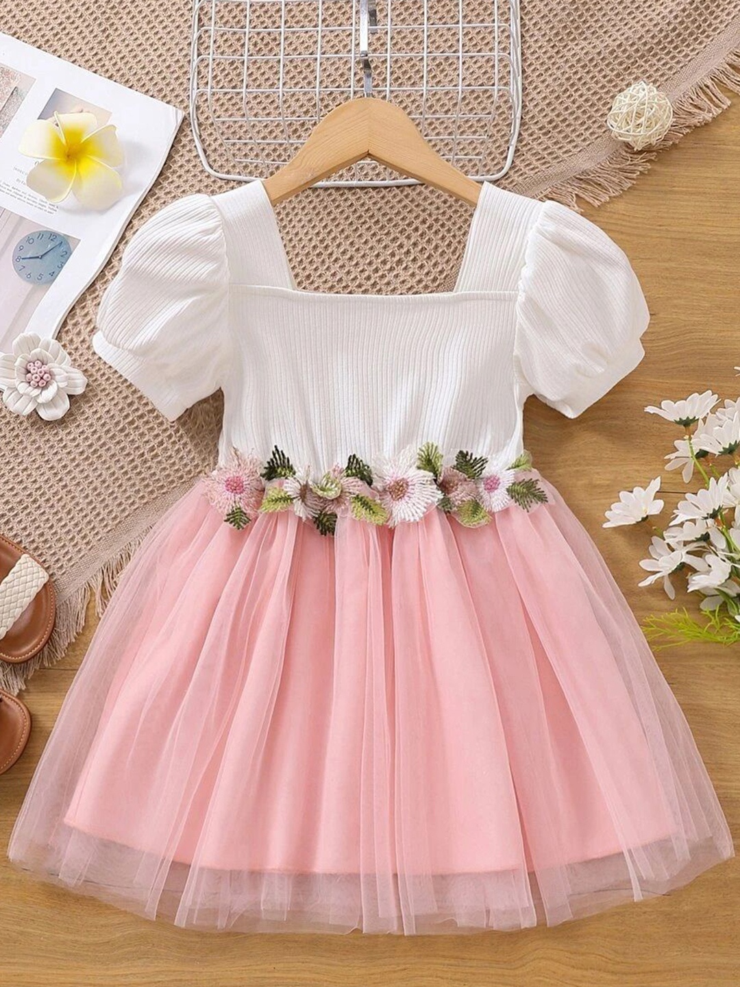 

Pamberston Girls Puff Sleeves Fit & Flare Dress, Pink