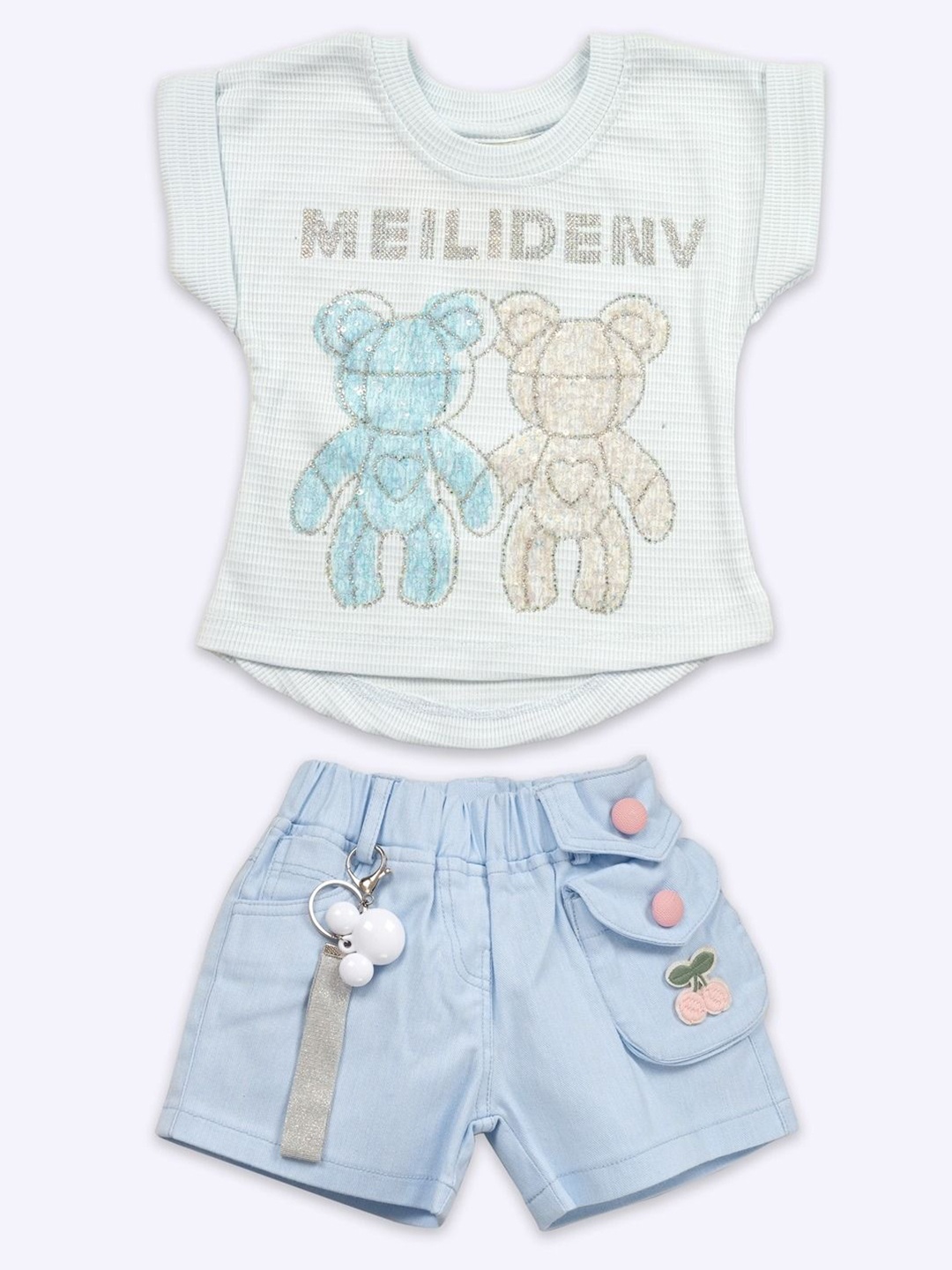 

Babys Day Girls Teddy Bear Printed Pure Cotton Top With Shorts, Turquoise blue