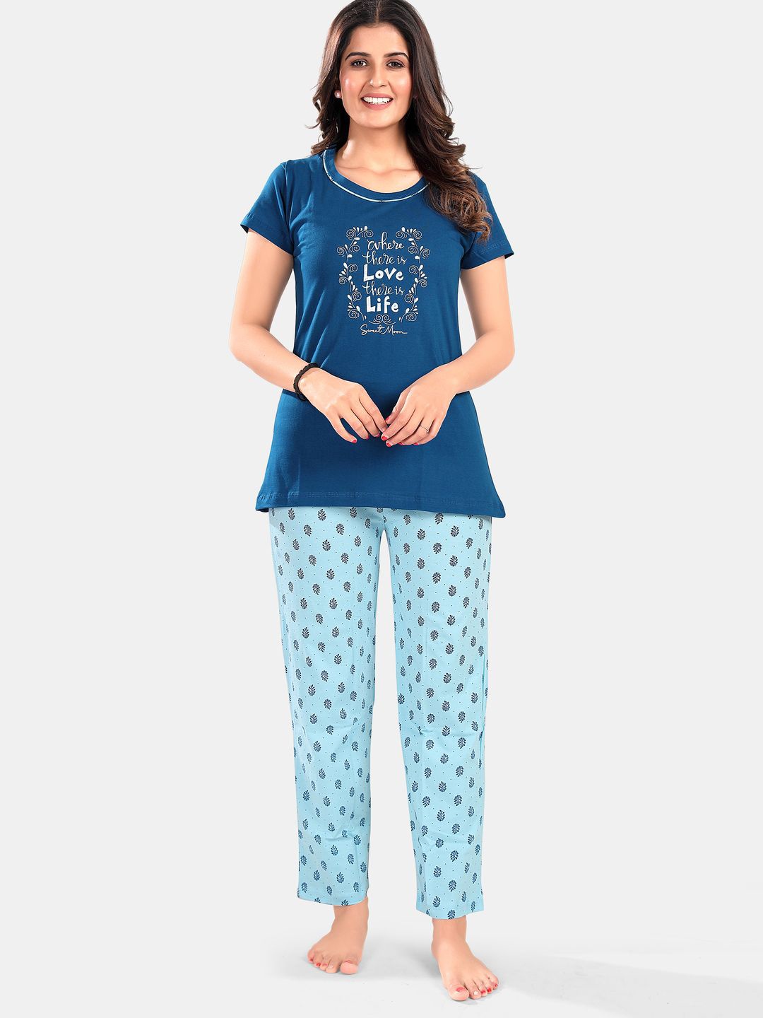 

SWEET MOON Printed Round Neck Night suit, Blue