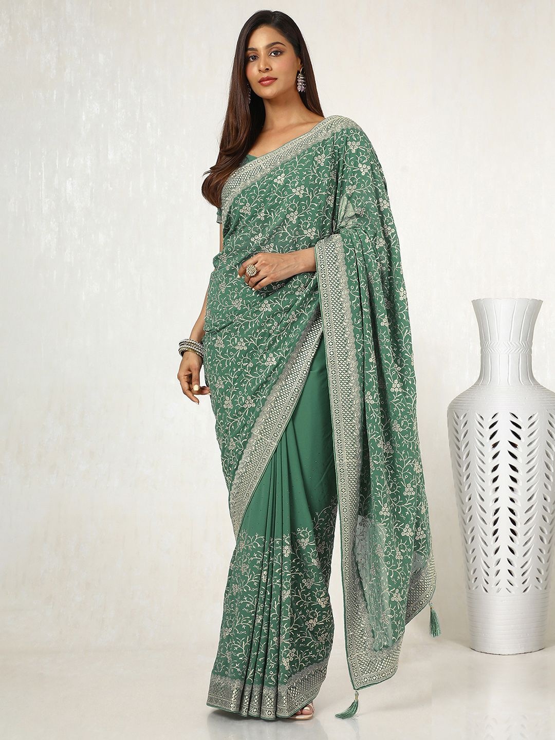 

Soch Floral Beads and Stones Pure Georgette Saree, Green